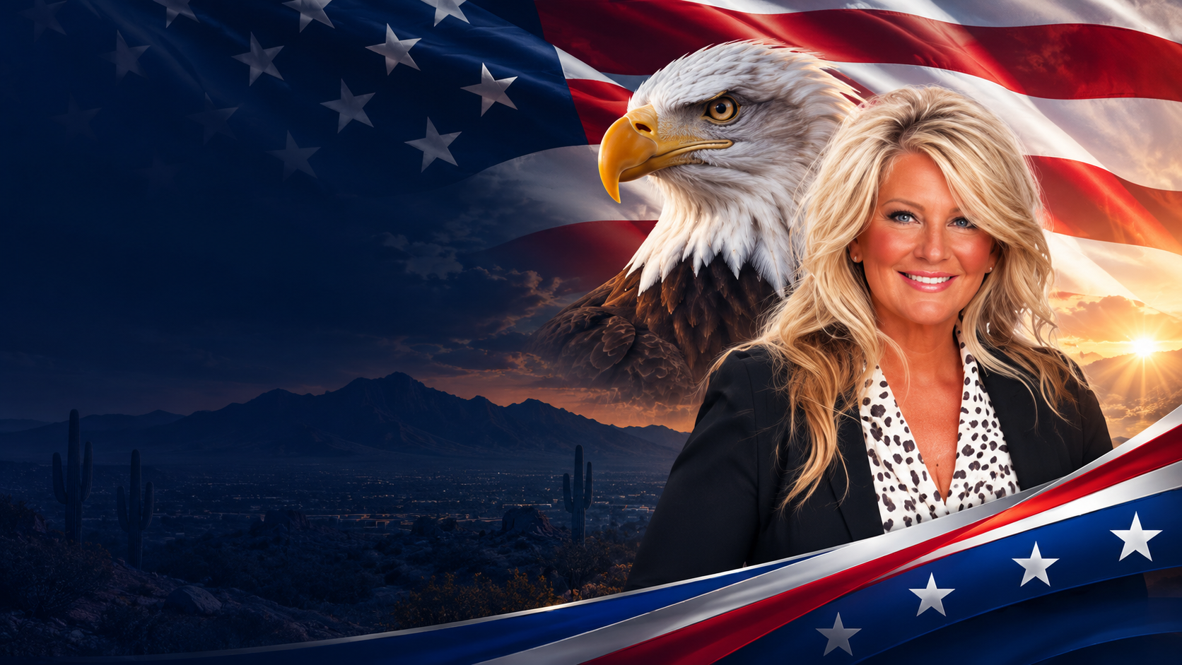 Stephanie Lawrie with a bald eagle, American flag, and Arizona desert